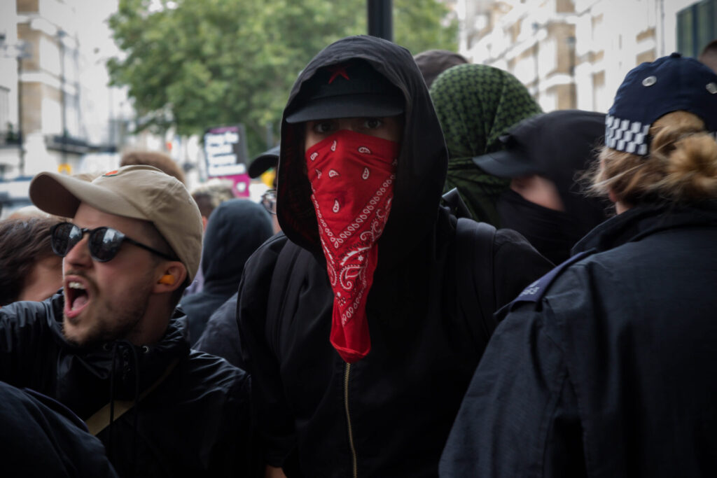 London, United Kingdom, August 3rd 2019:- Anti fascist demonstrators march in opposition to a rally by supporters of the former EDL leader Tommy Robinson