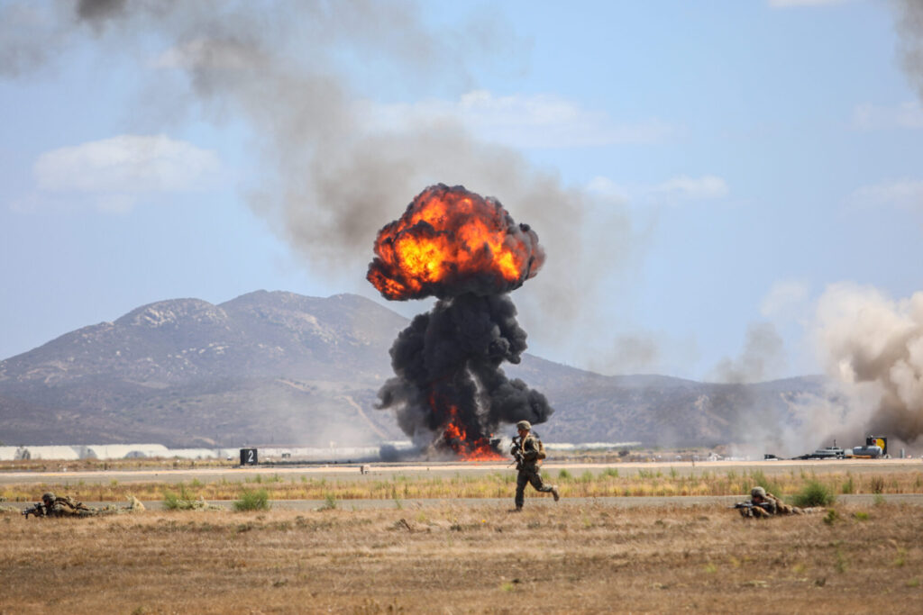 Demonstration by US Army Air Force with helicopter and explosion at air show festival in Miramar, San Diego, California, USA. September 29, 2019